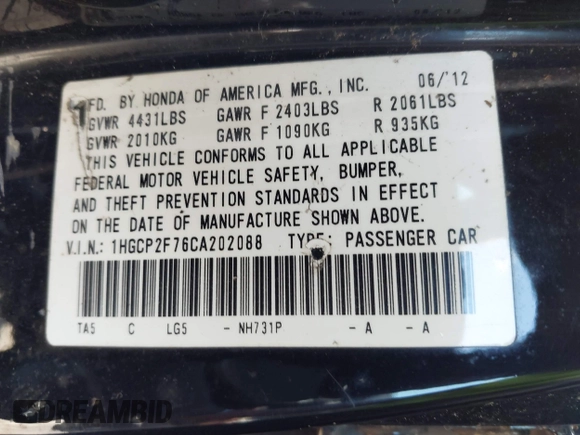 2012 Honda Accord EX with VIN 1HGCP2F76CA202088, listed as a IAAI auction lot 42349667 with 303,593 mi miles and . Bid and sale history available at DreamBid. Image 9.