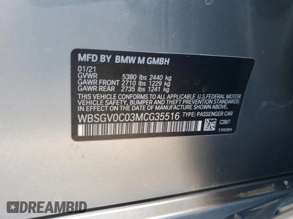 2021 BMW M8 Competition z VIN WBSGV0C03MCG35516, wystawiony jako Copart lot #84032584 z przebiegiem Nie podano mil oraz Nie do naprawy. Historia ofert i sprzedaży dostępna na DreamBid. Obrazek 12.