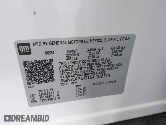 2025 Chevrolet Equinox AWD LT with VIN 3GNAXPEG1SL102774, listed as a IAAI auction lot 41193198 with 3,279 mi miles. Bid and sale history available at carsss.com. Image 9.
