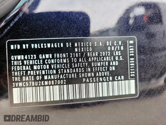2019 Volkswagen Jetta S с VIN 3VWC57BU2KM087002, выставлен на аукционе Copart как лот 62714325 с пробегом 109 208 миль миль и Списание • Salvage title. История ставок и продаж доступна на DreamBid. Изображение 12.