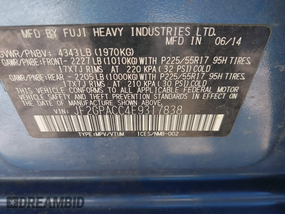 2014 Subaru Crosstrek Premium with VIN JF2GPACC4E9317838, listed as a IAAI auction lot 41625711 with Not provided miles and . Bid and sale history available at DreamBid. Image 9.