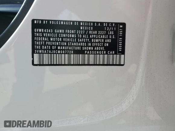 2012 Volkswagen Jetta Autobahn with VIN 3VW5A7AJ8CM087728, listed as a Copart auction lot 60908715 with 131,693 mi miles and Salvage title. Bid and sale history available at DreamBid. Image 13.
