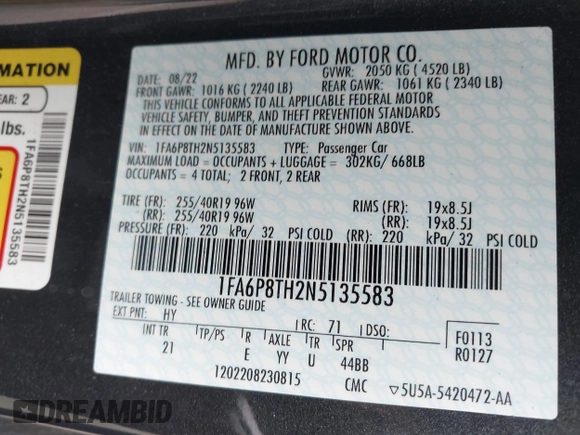 2022 Ford Mustang EcoBoost with VIN 1FA6P8TH2N5135583, listed as a IAAI auction lot 42280818 with 18,377 mi miles and . Bid and sale history available at DreamBid. Image 9.