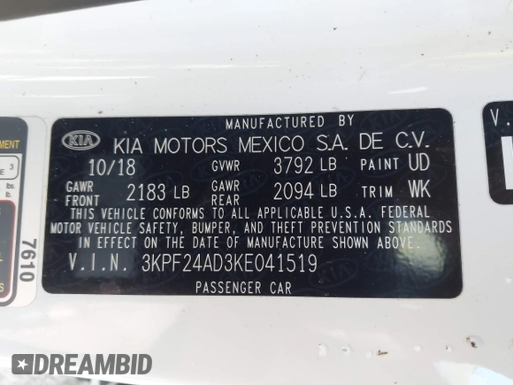 2019 Kia Forte LXS with VIN 3KPF24AD3KE041519, listed as a IAAI auction lot 41809416 with 92,765 mi miles and . Bid and sale history available at carsss.com. Image 9.