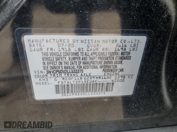 2020 Nissan Kicks SR with VIN 3N1CP5DV2LL533375, listed as a Copart auction lot 53901525 with 100,947 mi miles and Clean Title. Bid and sale history available at carsss.com. Image 13.