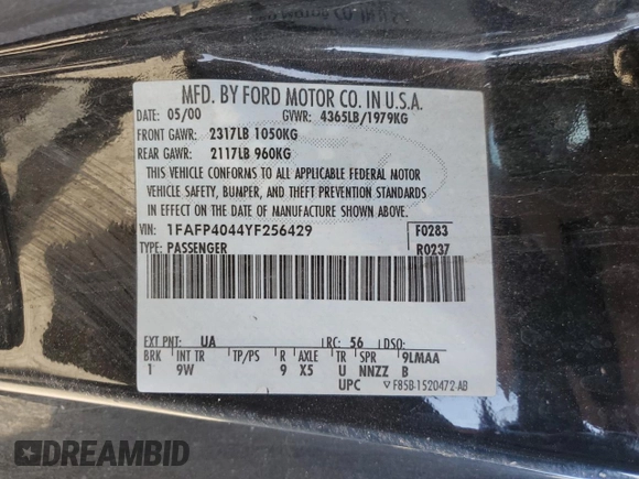 2000 Ford Mustang with VIN 1FAFP4044YF256429, listed as a Copart auction lot 44818895 with Not provided miles and Salvage title. Bid and sale history available at DreamBid. Image 12.
