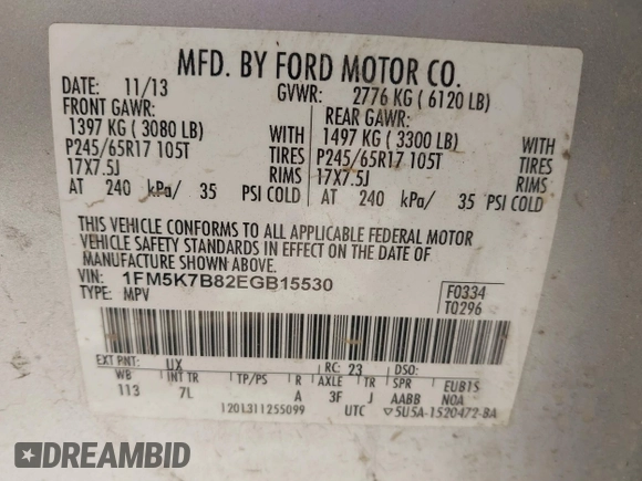 2014 Ford Explorer with VIN 1FM5K7B82EGB15530, listed as a IAAI auction lot 41817982 with 215,161 mi miles and . Bid and sale history available at DreamBid. Image 9.