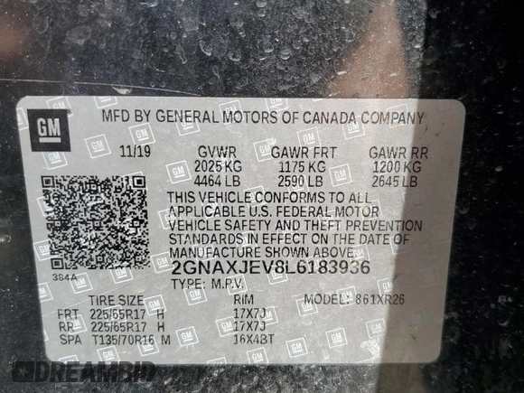 2020 Chevrolet Equinox LT with VIN 2GNAXJEV8L6183936, listed as a Copart auction lot 56389365 with 190,445 mi miles and Clean title. Bid and sale history available at DreamBid. Image 13.