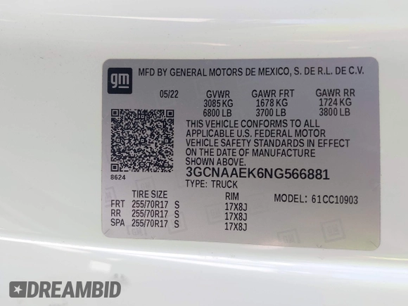 2022 Chevrolet Silverado 1500 Work Truck with VIN 3GCNAAEK6NG566881, listed as a IAAI auction lot 42044139 with 57,664 mi miles and . Bid and sale history available at DreamBid. Image 9.