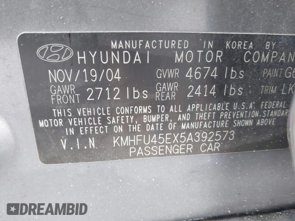 2005 Hyundai XG z VIN KMHFU45EX5A392573, wystawiony jako IAAI lot #41624199 z przebiegiem 200 014 mil mil oraz . Historia ofert i sprzedaży dostępna na DreamBid. Obrazek 9.
