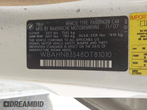 2008 BMW 7 Series 750Li with VIN WBAHN83548DT81010, listed as a IAAI auction lot 42258735 with Not provided miles and . Bid and sale history available at DreamBid. Image 9.