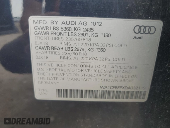 2013 Audi Q5 with VIN WA1CFBFPXDA032119, listed as a Copart auction lot 59907865 with 144,150 mi miles and Salvage title. Bid and sale history available at DreamBid. Image 13.