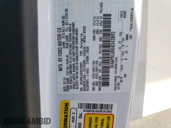 2016 Ford Fusion SE Hybrid with VIN 3FA6P0LU0GR342892, listed as a Copart auction lot 58869045 with 75,979 mi miles and Salvage title. Bid and sale history available at DreamBid. Image 12.