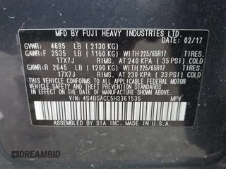 2017 Subaru Outback Premium with VIN 4S4BSACC5H3361535, listed as a IAAI auction lot 42499286 with 51,301 mi miles and . Bid and sale history available at DreamBid. Image 9.