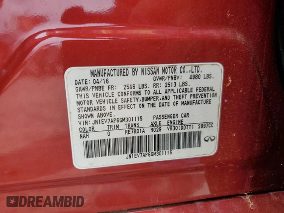 2016 Infiniti Q50 Premium с VIN JN1EV7AP6GM301115, выставлен на аукционе Copart как лот 54443635 с пробегом 90 135 миль миль и Списание • Salvage title. История ставок и продаж доступна на DreamBid. Изображение 12.