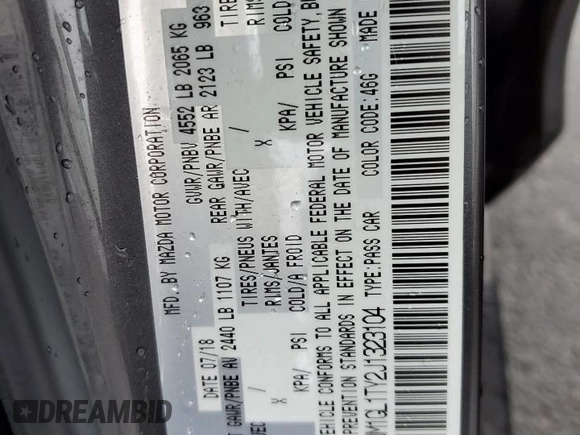 2018 Mazda 6 Grand Touring with VIN JM1GL1TY2J1323104, listed as a Copart auction lot 51938115 with 44,452 mi miles and Salvage Title. Bid and sale history available at DreamBid. Image 12.