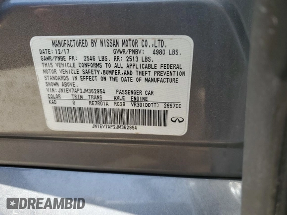 2018 Infiniti Q50 Luxe with VIN JN1EV7AP2JM362954, listed as a Copart auction lot 57292915 with 161,208 mi miles and Salvage title. Bid and sale history available at DreamBid. Image 12.
