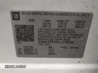 2020 Chevrolet Equinox LT with VIN 3GNAXTEV0LL279258, listed as a IAAI auction lot 41554505 with 39,901 mi miles. Bid and sale history available at carsss.com. Image 9.