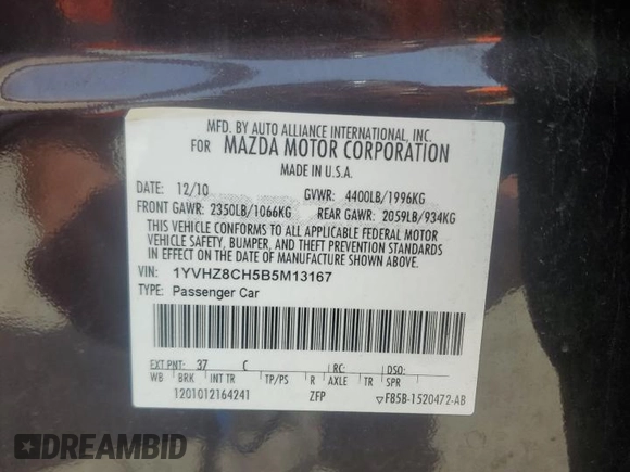 2011 Mazda 6 i Touring with VIN 1YVHZ8CH5B5M13167, listed as a Copart auction lot 53122675 with 139,207 mi miles and Salvage title. Bid and sale history available at DreamBid. Image 12.