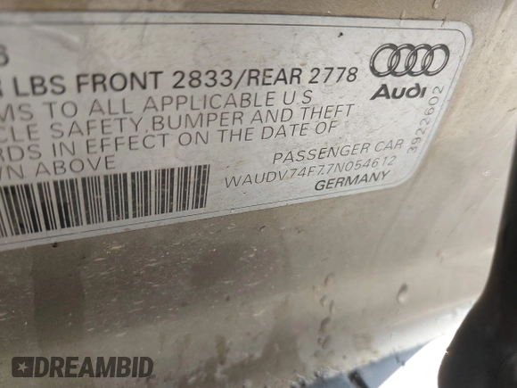 2007 Audi A6 z VIN WAUDV74F77N054612, wystawiony jako IAAI lot #42399517 z przebiegiem 137 577 mil mil oraz . Historia ofert i sprzedaży dostępna na DreamBid. Obrazek 9.