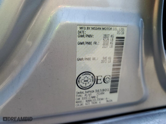 2016 Nissan Altima 2.5 S with VIN 1N4AL3APXGN365801, listed as a Copart auction lot 51651655 with 107,866 mi miles and Clean Title. Bid and sale history available at carsss.com. Image 12.