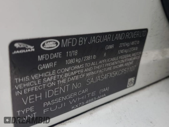 2019 Jaguar XE 25t with VIN SAJAS4FX5KCP51107, listed as a Copart auction lot 44332255 with 101,036 mi miles and Salvage Title. Bid and sale history available at carsss.com. Image 12.