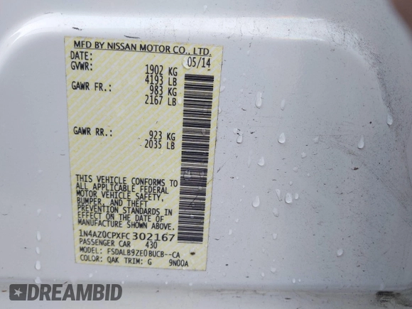 2015 Nissan LEAF SV with VIN 1N4AZ0CPXFC302167, listed as a IAAI auction lot 41636233 with 89,516 mi miles. Bid and sale history available at carsss.com. Image 9.