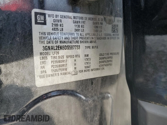 2013 Chevrolet Captiva Sport LS with VIN 3GNAL2EK6DS587733, listed as a Copart auction lot 57398375 with 138,609 mi miles and Clean Title. Bid and sale history available at DreamBid. Image 13.