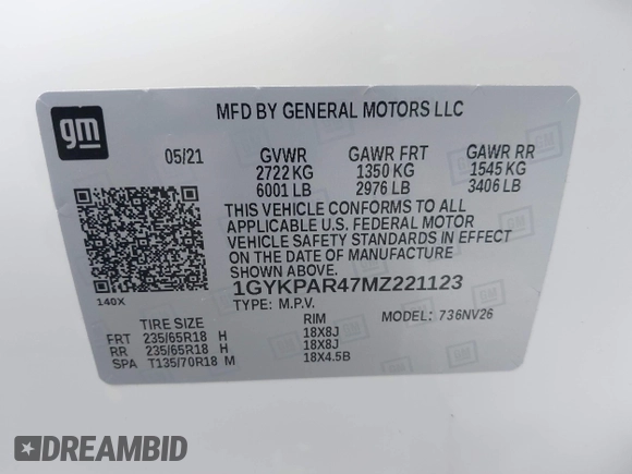 2021 Cadillac XT6 Luxury with VIN 1GYKPAR47MZ221123, listed as a IAAI auction lot 42374772 with 69,829 mi miles and . Bid and sale history available at DreamBid. Image 9.