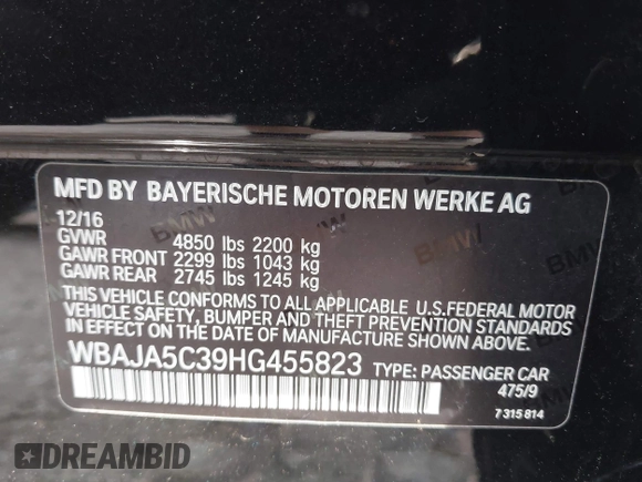 2017 BMW 5 Series 530i with VIN WBAJA5C39HG455823, listed as a IAAI auction lot 42840957 with 53,809 mi miles and . Bid and sale history available at DreamBid. Image 9.