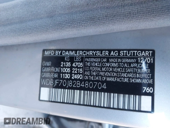 2002 Mercedes-Benz E 320 with VIN WDBJF70J82B480704, listed as a IAAI auction lot 41602662 with 131,494 mi miles and . Bid and sale history available at DreamBid. Image 9.