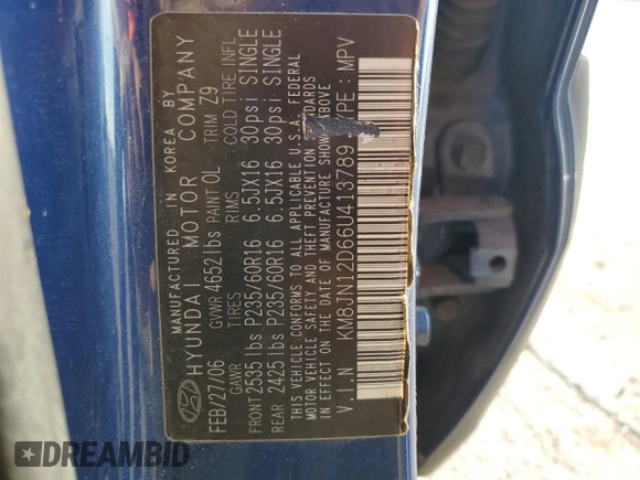 2006 Hyundai Tucson GLS with VIN KM8JN12D66U413789, listed as a Copart auction lot 70441894 with 194,126 mi miles and Salvage Title. Bid and sale history available at carsss.com. Image 14.