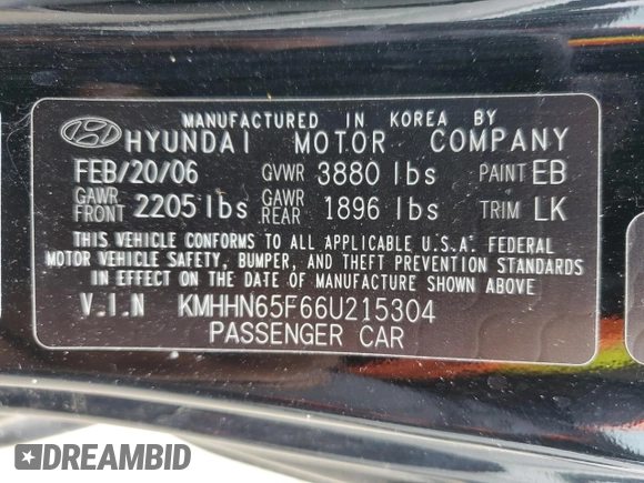 2006 Hyundai Tiburon GT z VIN KMHHN65F66U215304, wystawiony jako Copart lot #56141635 z przebiegiem 149 118 mil mil oraz Szkoda całkowita • Salvage title. Historia ofert i sprzedaży dostępna na DreamBid. Obrazek 12.