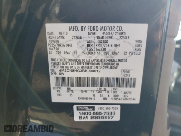 2011 Mercury Mariner Premier with VIN 4M2CN8HG3BKJ00612, listed as a Copart auction lot 53490645 with 154,119 mi miles and Salvage title. Bid and sale history available at DreamBid. Image 15.