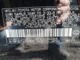 2007 Lexus LS 460 L with VIN JTHGL46F875002423, listed as a IAAI auction lot 41936798 with 116,336 mi miles and . Bid and sale history available at DreamBid. Image 9.