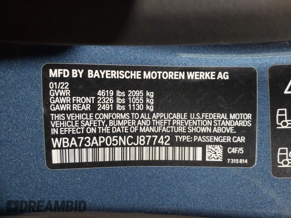 2022 BMW 4 Series 430i xDrive with VIN WBA73AP05NCJ87742, listed as a IAAI auction lot 36773839 with 20,814 mi miles and . Bid and sale history available at DreamBid. Image 9.