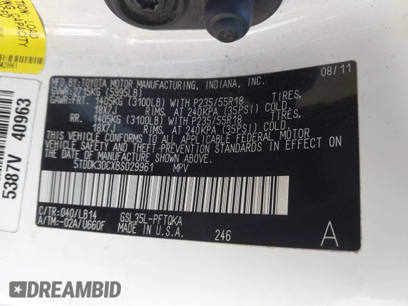 2011 Toyota Sienna XLE with VIN 5TDDK3DCXBS029961, listed as a IAAI auction lot 42228356 with 251,571 mi miles and . Bid and sale history available at DreamBid. Image 9.