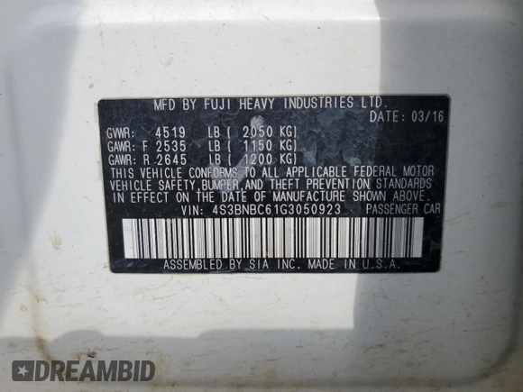 2016 Subaru Legacy Premium z VIN 4S3BNBC61G3050923, wystawiony jako Copart lot #66814874 z przebiegiem Nie podano mil oraz Szkoda całkowita • Salvage title. Historia ofert i sprzedaży dostępna na DreamBid. Obrazek 13.