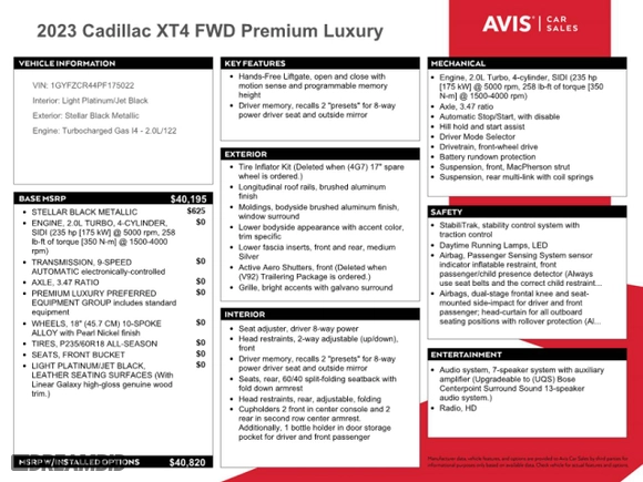 2023 Cadillac XT4 FWD Premium Luxury with VIN 1GYFZCR44PF175022, listed as a Copart auction lot 49214855 with 50,234 mi miles and Non Repairable. Bid and sale history available at carsss.com. Image 13.