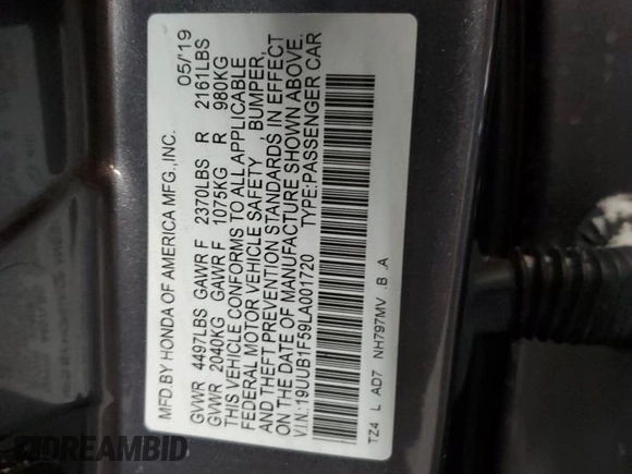 2020 Acura TLX w/Technology Pkg with VIN 19UUB1F59LA001720, listed as a Copart auction lot 45046615 with 128,218 mi miles and Salvage Title. Bid and sale history available at carsss.com. Image 14.