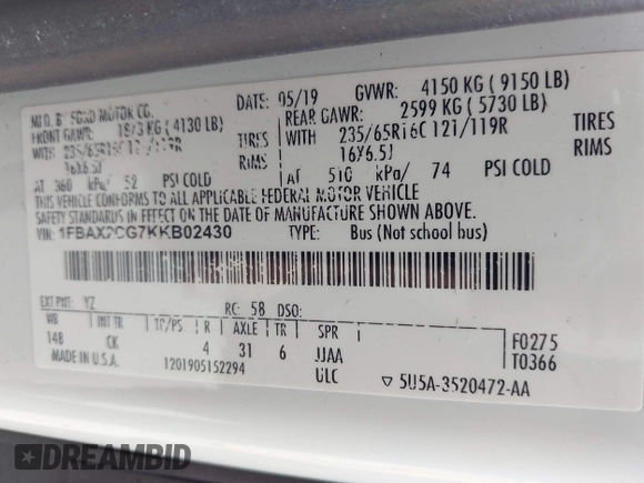 2019 Ford Transit Passenger XL с VIN 1FBAX2CG7KKB02430, выставлен на аукционе IAAI как лот 42682555 с пробегом 60 522 миль миль и . История ставок и продаж доступна на DreamBid. Изображение 9.