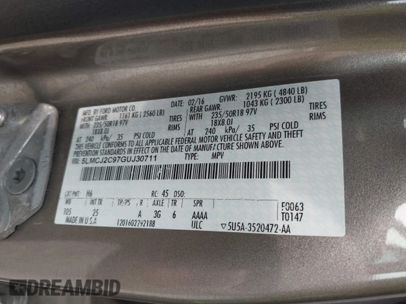 2016 Lincoln MKC Select with VIN 5LMCJ2C97GUJ30711, listed as a IAAI auction lot 42501763 with 118,430 mi miles and . Bid and sale history available at DreamBid. Image 9.