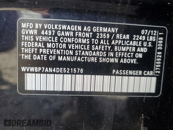 2013 Volkswagen CC R-Line with VIN WVWBP7AN4DE521576, listed as a Copart auction lot 74278024 with 0 mi miles and Clean Title. Bid and sale history available at carsss.com. Image 12.