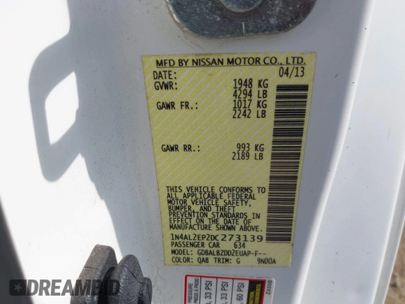 2013 Nissan Altima S with VIN 1N4AL2EP2DC273139, listed as a IAAI auction lot 41837332 with 205,993 mi miles and . Bid and sale history available at DreamBid. Image 9.