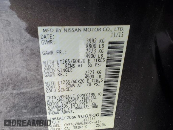 2016 Nissan Titan XD Platinum Reserve with VIN 1N6BA1F20GN500500, listed as a Copart auction lot 75396354 with 164,966 mi miles and Salvage Title. Bid and sale history available at carsss.com. Image 12.