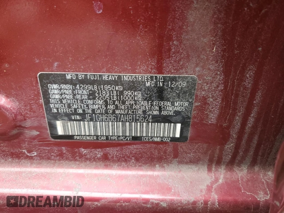 2010 Subaru Impreza i Premium with VIN JF1GH6B67AH815624, listed as a Copart auction lot 52901755 with 158,545 mi miles and Salvage title. Bid and sale history available at DreamBid. Image 14.