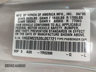 2005 Honda Civic LX with VIN 1HGEM22535L057721, listed as a IAAI auction lot 42257860 with 163,031 mi miles and . Bid and sale history available at DreamBid. Image 9.