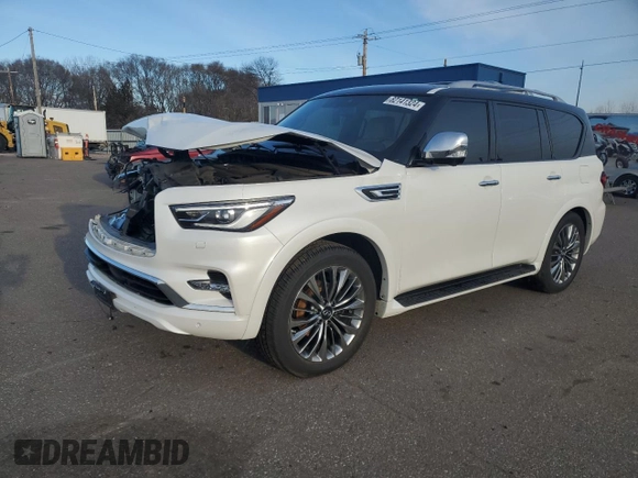 2021 Infiniti QX80 SENSORY with VIN JN8AZ2BE4M9273804, listed as a Copart auction lot 82141324 with 57,873 mi miles and Salvage Title. Bid and sale history available at carsss.com. Image 1.