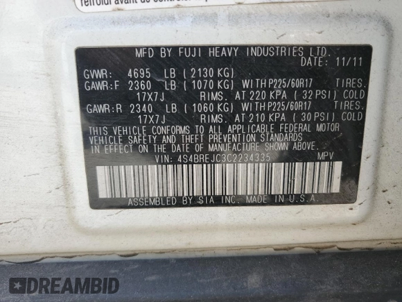 2012 Subaru Outback Limited with VIN 4S4BREJC3C2234335, listed as a Copart auction lot 57821585 with 141,029 mi miles and Salvage title. Bid and sale history available at DreamBid. Image 14.
