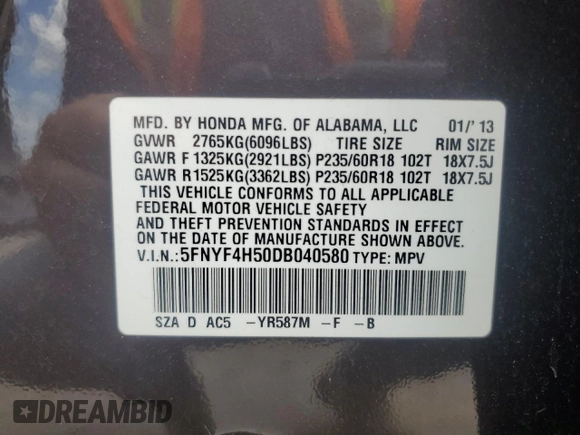 2013 Honda Pilot EX-L z VIN 5FNYF4H50DB040580, wystawiony jako Copart lot #58377135 z przebiegiem 145 518 mil mil oraz Szkoda całkowita • Salvage title. Historia ofert i sprzedaży dostępna na DreamBid. Obrazek 13.